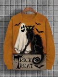 Men's Trick or Treat Ghost Black Cat Bats Halloween Print Casual Sweatshirt