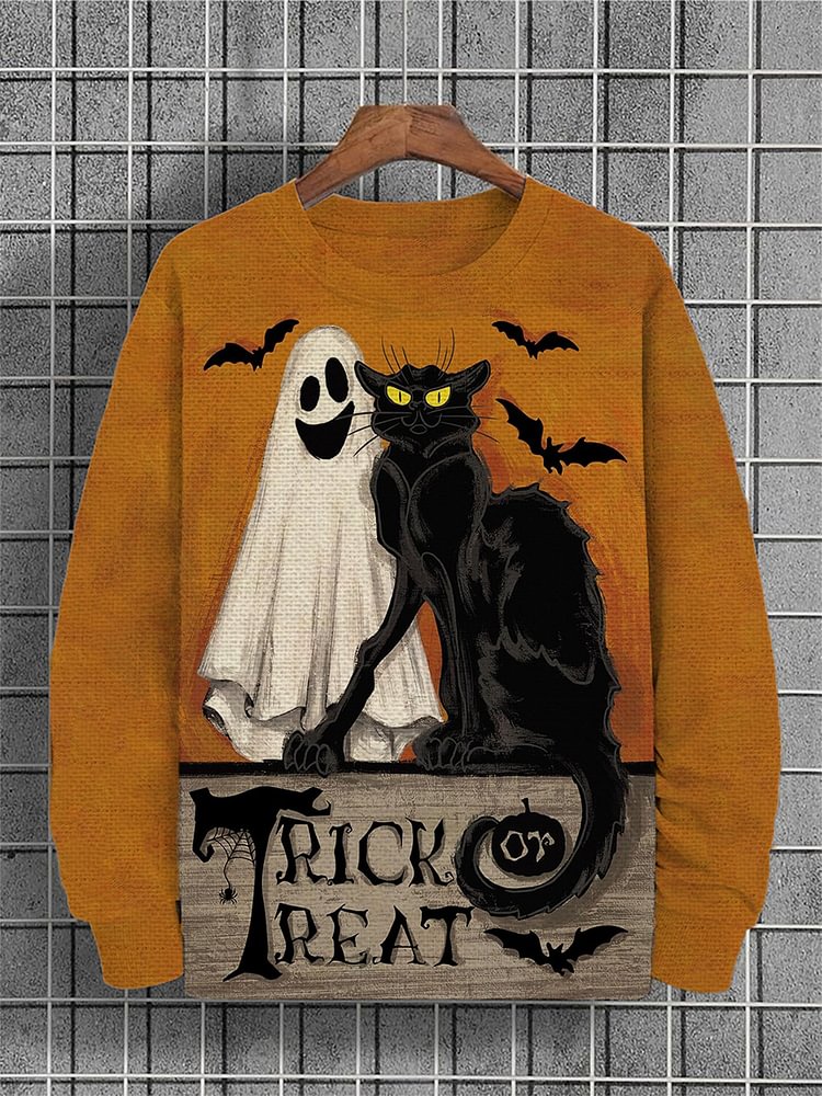 Men's Trick or Treat Ghost Black Cat Bats Halloween Print Casual Sweatshirt