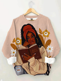 Women's Black Girl Reading Flowers And Butterflies Art Print Casual Sweatshirt