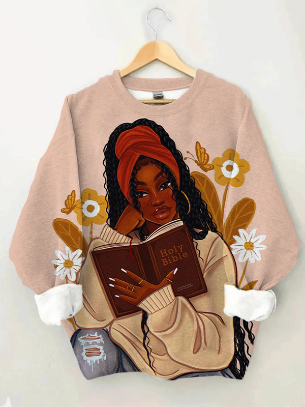 Women's Black Girl Reading Flowers And Butterflies Art Print Casual Sweatshirt