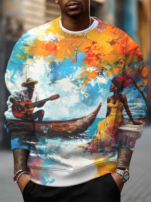 Men's Black Couple Enjoying Music Oil Painting Art Print Casual Sweatshirt