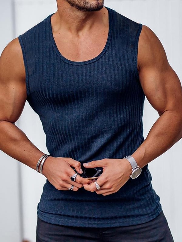 Men's Plain Ribbed Knit Slim Fit Casual Tank Top