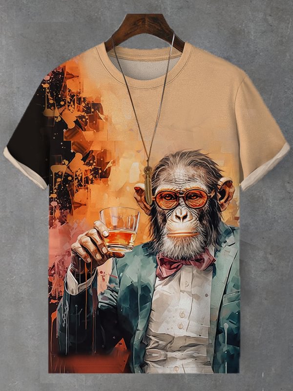 Men's Vintage Monkey Gentleman Whiskey Oil Painting Print Casual T-Shirt