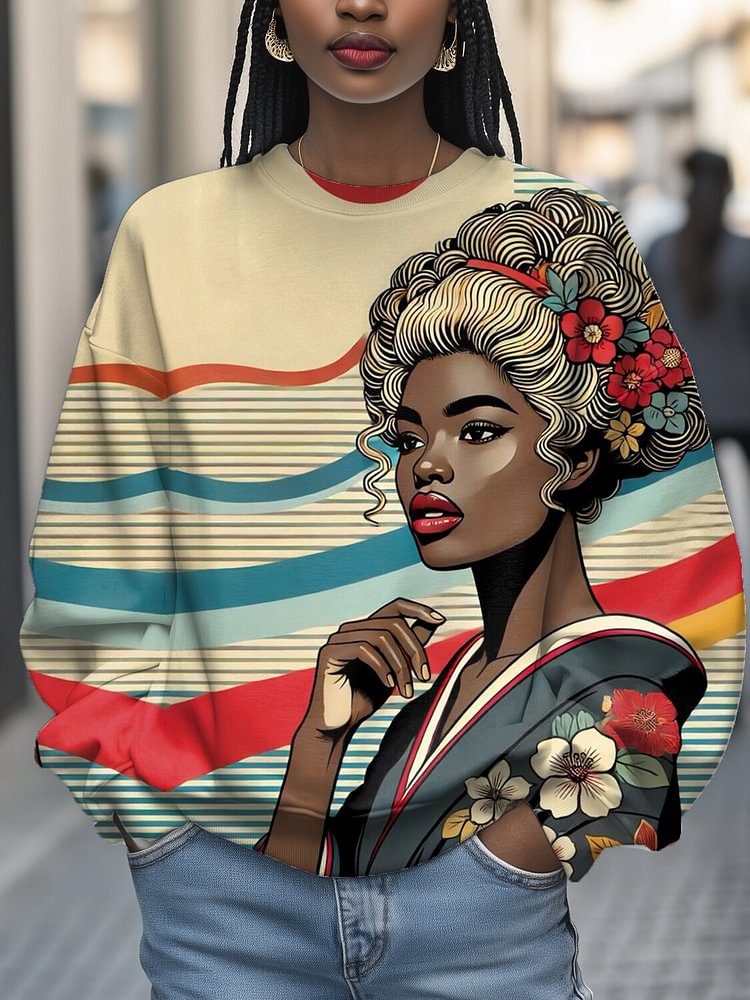 Women's Japanese Geisha Striped Print Cozy Sweatshirt