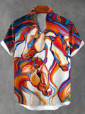 Men's Fluid Horse Abstract Watercolor Painting Print Short Sleeve Linen Blend Shirt