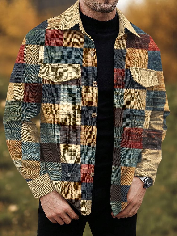 Men's Colorblock Plaid Print Denim-Like Long Sleeve Shirt