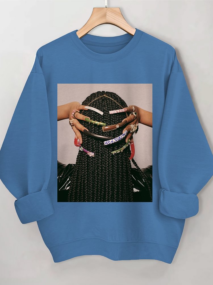 Women's Beautiful Braids And Nails Print Cotton Long Sleeve T-Shirt Thin Sweatshirt