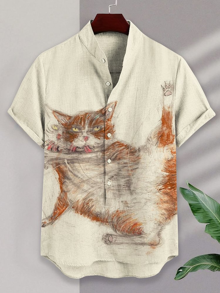 Men's Crazy Cat Abstract Art Line Print Short Sleeve Shirt