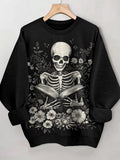 Women's Skeleton Reading Art Print Casual Sweatshirt