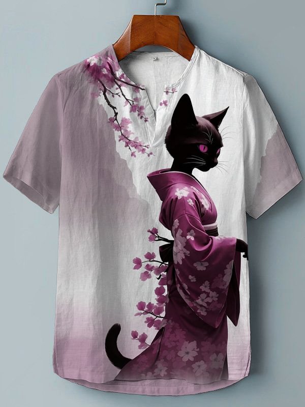 Women's Elegant Sakura Kimono Cat Art Print V Neck T-Shirt