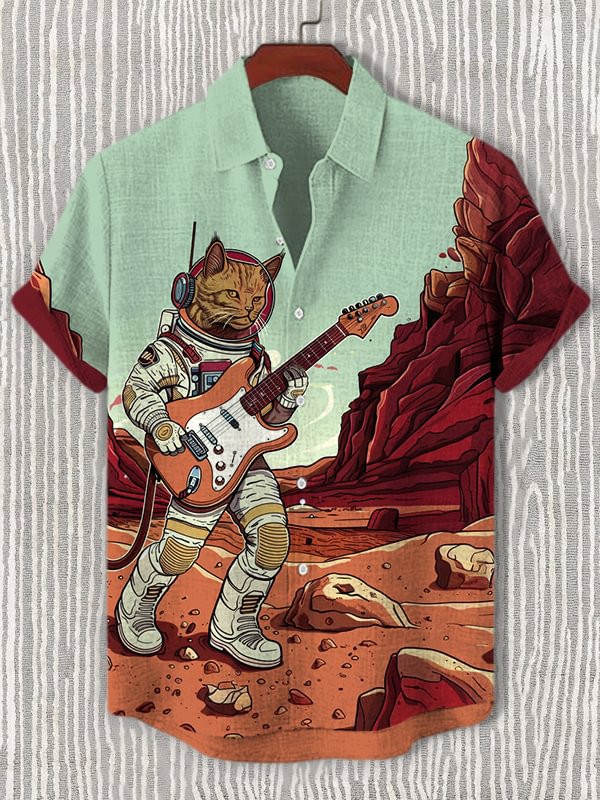 Men's Astronaut Cat Playing Electric Guitar Print Casual Shirt