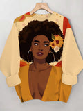 Women's Fashionable African Lady Floral Art Print Casual Sweatshirt