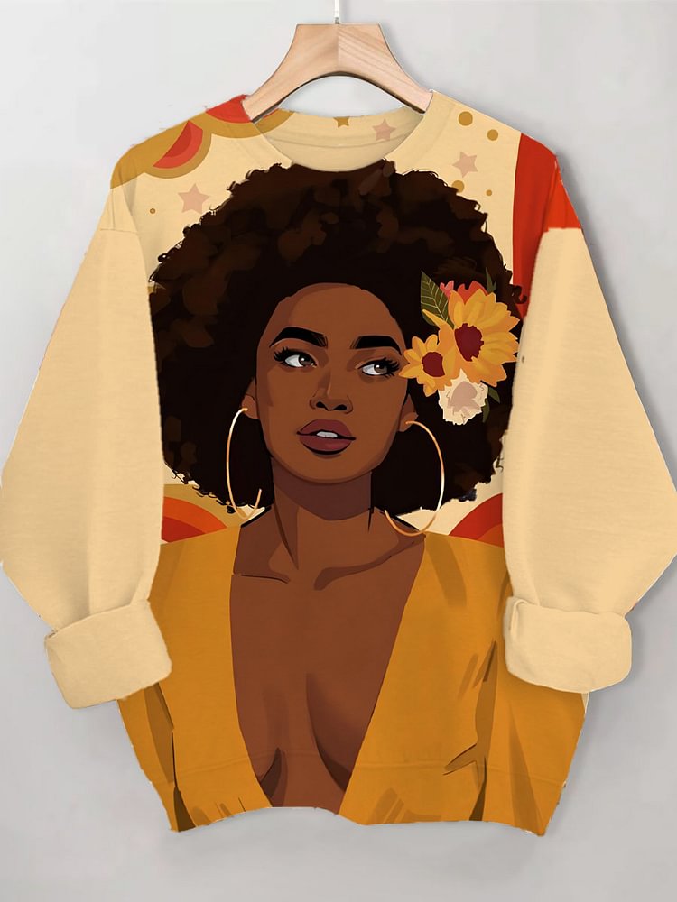 Women's Fashionable African Lady Floral Art Print Casual Sweatshirt