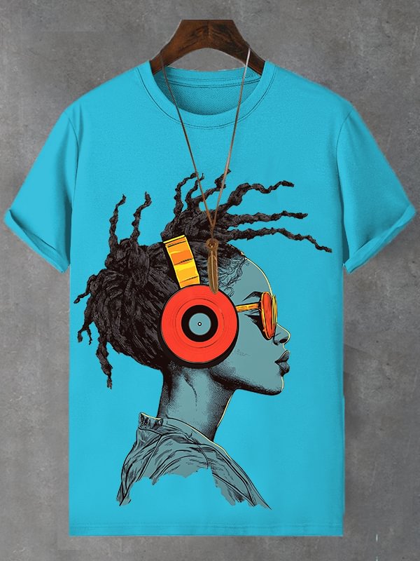 Men's Funny African Music Girl Print Cotton Casual T-Shirt