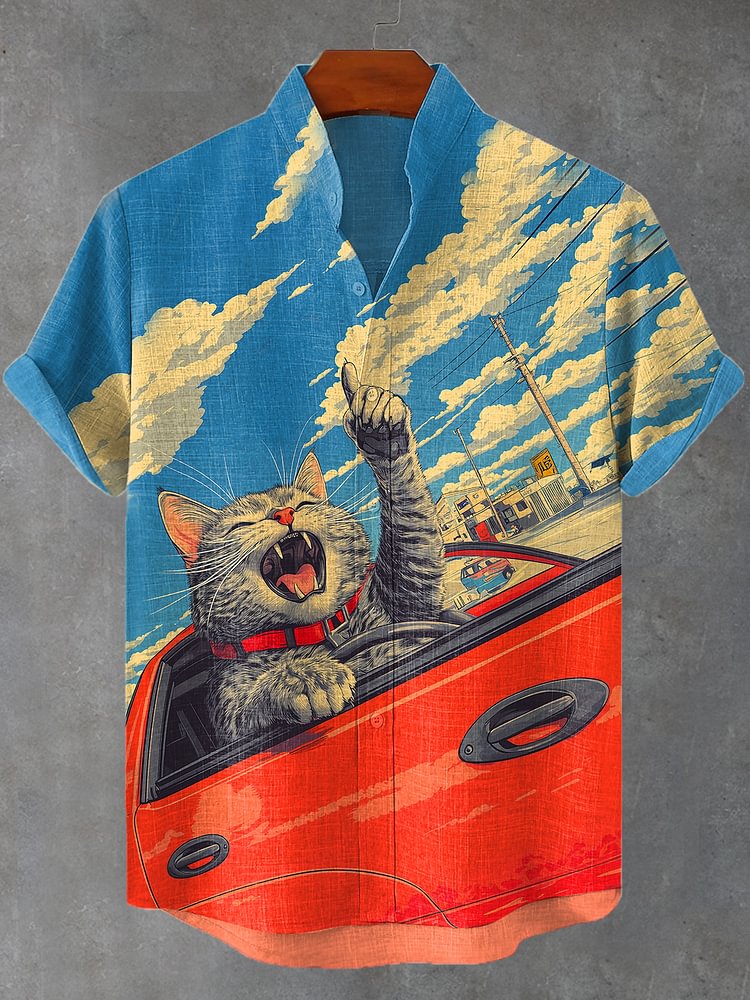 Men's Retro Funny Cat City Racing Art Casual Shirt