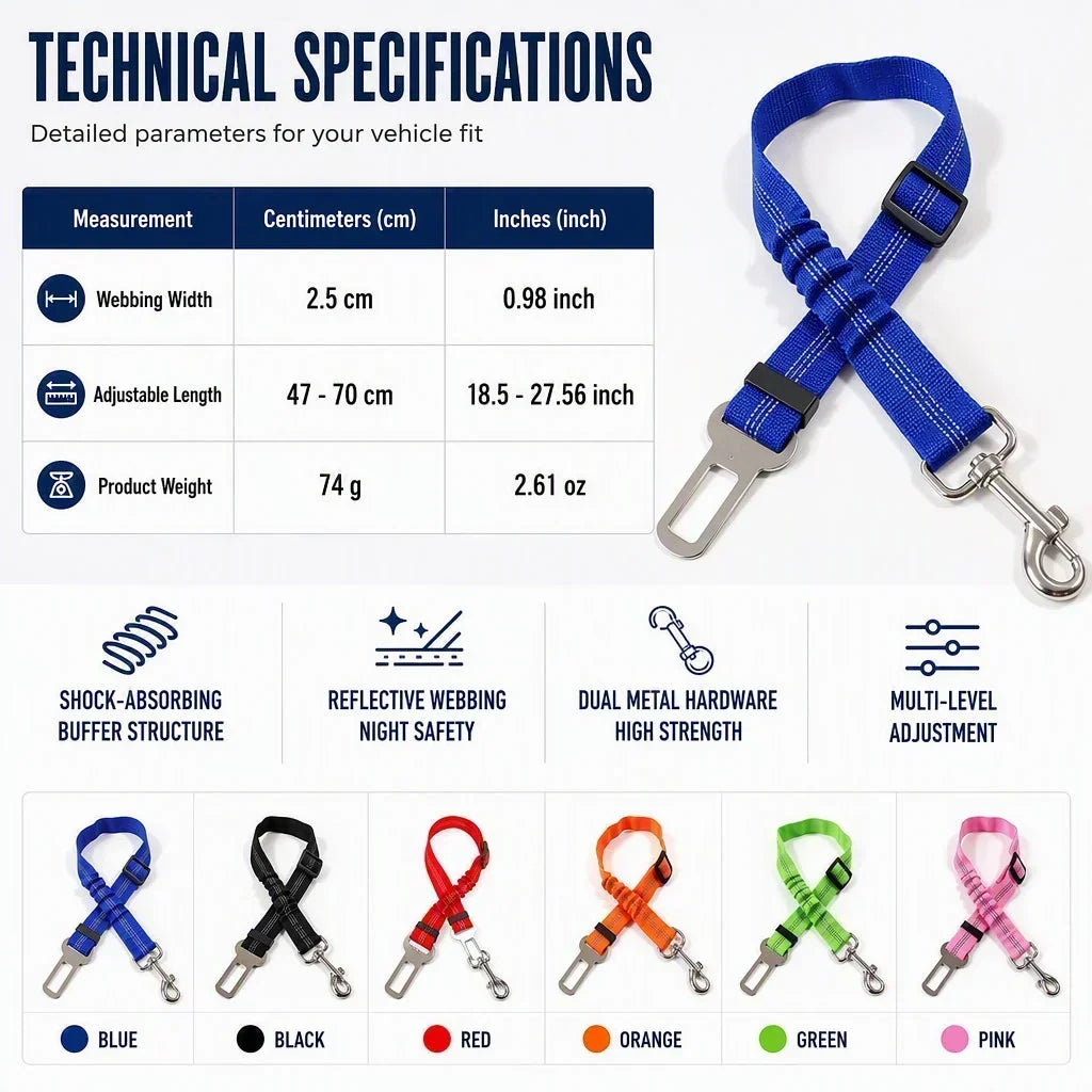 🐶🚗 Reflective Elastic Pet Seat Belt – Adjustable Car Restraint with Shock-Absorbing Buffer
