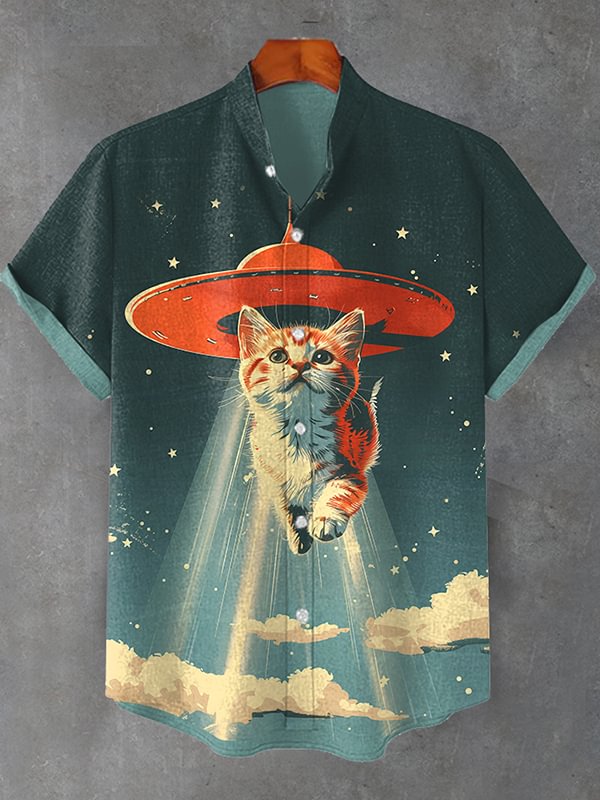 Men's Funny UFO Sucks Away The Cowboy Cat Art Print Shirt