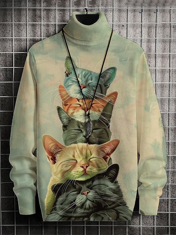 Men's Sleeping Cats Art Print High Neck Knit Sweatshirt