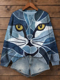 Women's Cat Denim Patchwork Abstract Art Print Cozy Sweatshirt