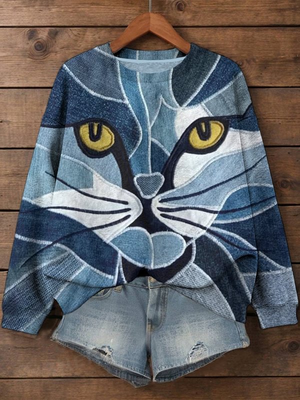 Women's Cat Denim Patchwork Abstract Art Print Cozy Sweatshirt