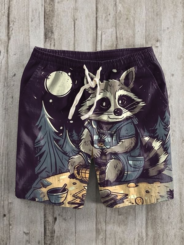 Men's Cute Raccoon Camping Late At Night Art Print Casual Shorts