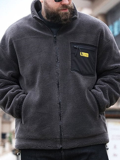 Men's Plain Stand-up Collar Drawstring Zip Up Casual Jacket