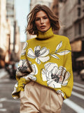Women's Floral Art Painting Print High Neck Knit Sweatshirt
