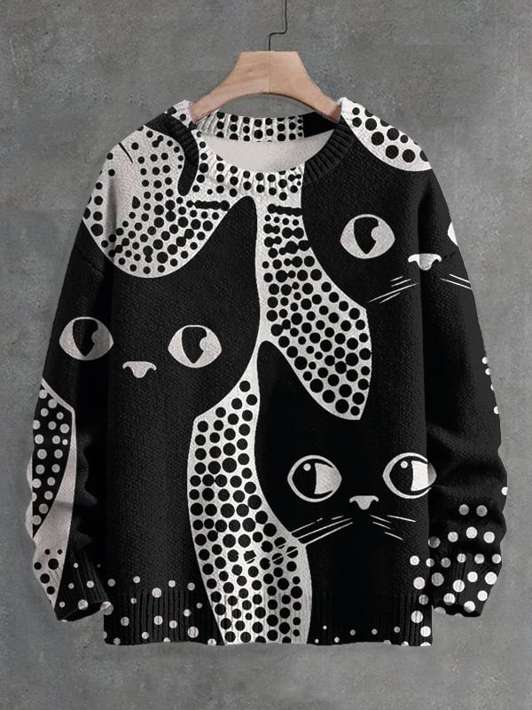Men's Cat Polka Dot Art Print Knit Sweatshirt