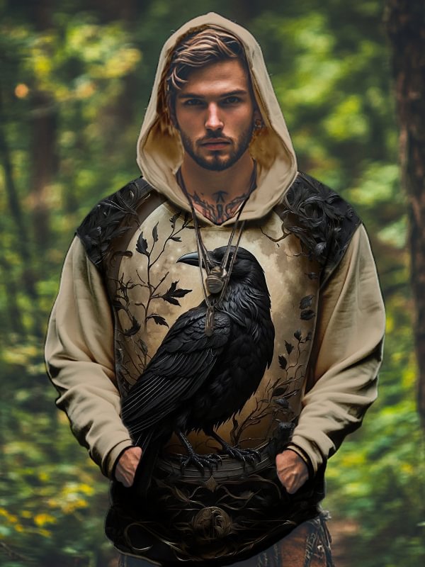 Men's Dark Art Retro Mysterious Raven Illustration Print Casual Hoodie