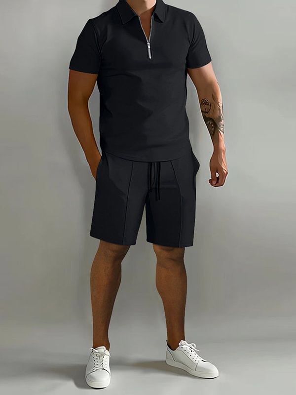 Men's Casual Half Zipper Polo Shirt Drawstring Shorts Two-Piece Set