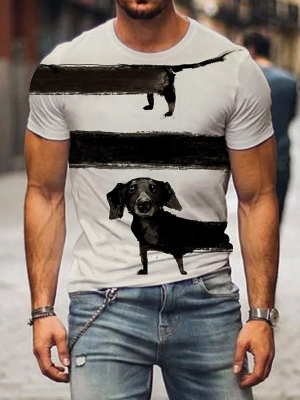 Men's Black Dull Dachshund Print Casual Short Sleeve T-Shirt