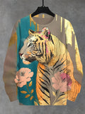 Men's Retro Gold Foil Tiger Floral Print Casual Sweatshirt