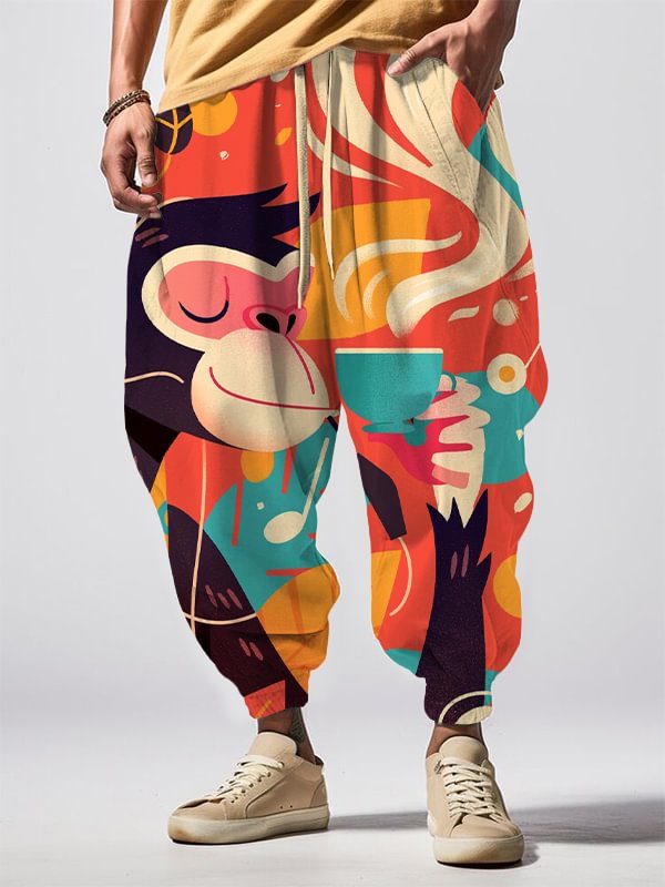Men's Monkey Drinking Coffee Art Print Loose Drawstring Waist Sweatpants