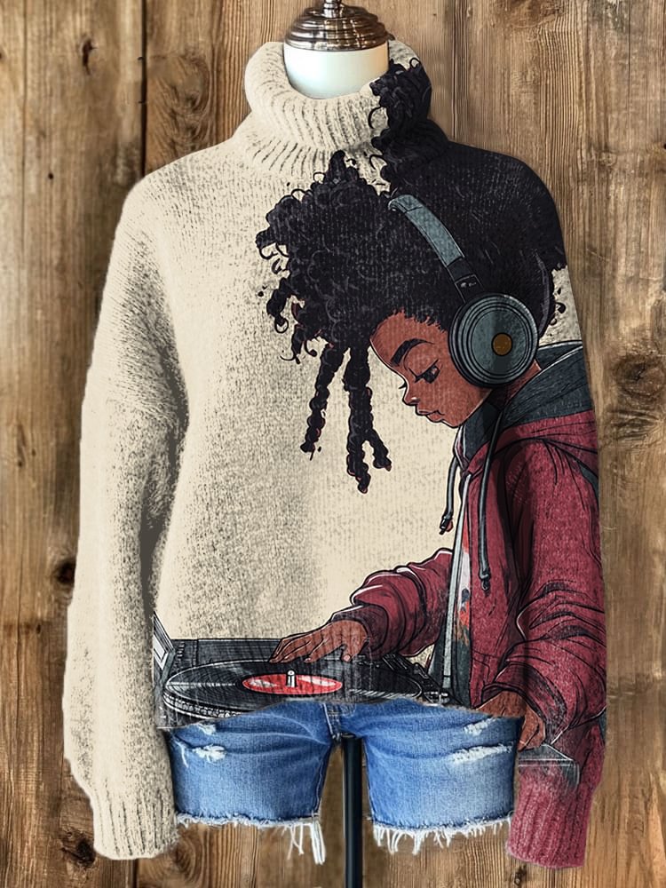 Women's Afro Kid Music Lover Print High Neck Knit Sweatshirt