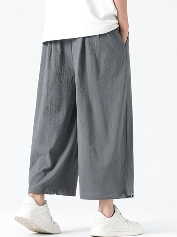 Men's Plain Loose Wide Leg Drawstring Waist Casual Cropped Pants