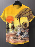 Men's Sunset Western Cowboy Riding Horse Illustration Print T-Shirt
