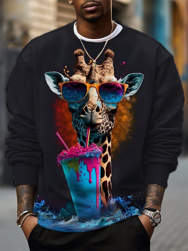 Men's Cool Giraffe Drinking Art Print Casual Sweatshirt
