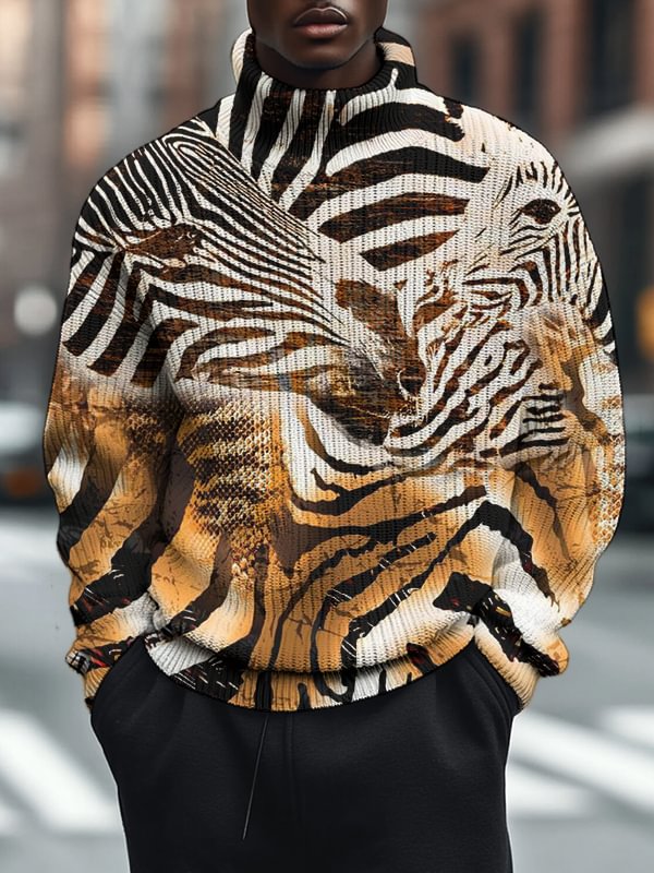 Men's Zebra Pattern Art Print High Neck Knit Sweatshirt