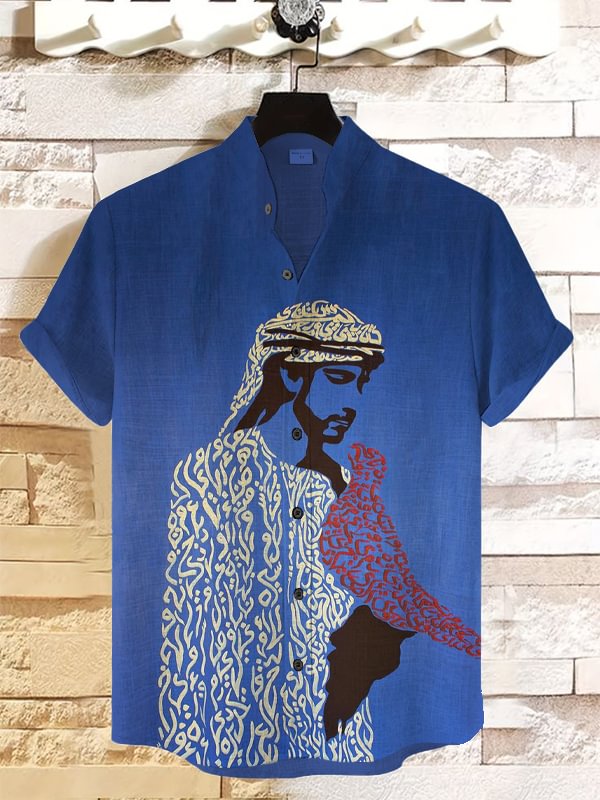 Men's Calligraphy Patterns Arab Bird Print Casual Shirt
