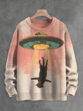 Men's Futuristic Sci-Fi Art Cat UFO Print Knit Sweatshirt
