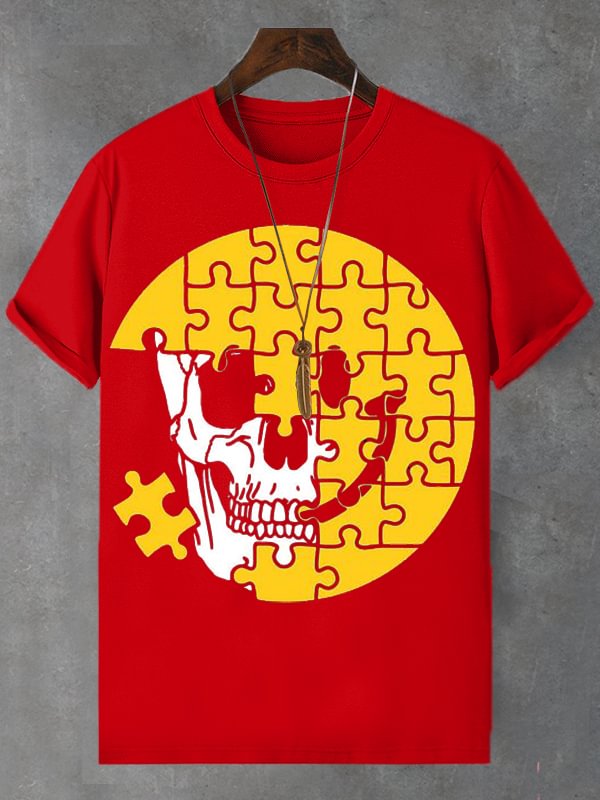 Men's Skull Smiley Face Puzzle Print Cotton Casual T-Shirt