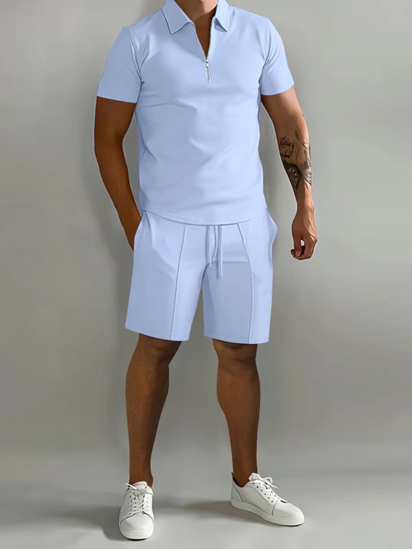 Men's Casual Half Zipper Polo Shirt Drawstring Shorts Two-Piece Set