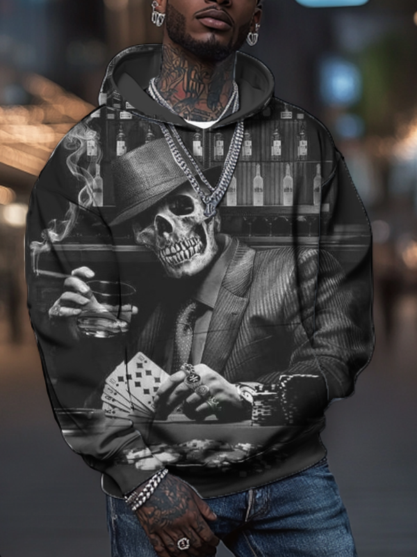 Men's Gothic Retro Skull Poker Cards Art Print Hooded Sweatshirt