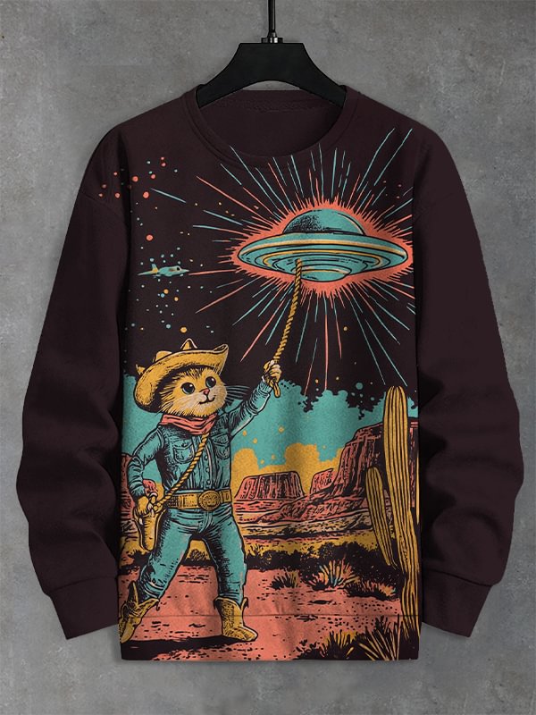 Men's Retro Cowboy Cat And UFO Print Casual Sweatshirt