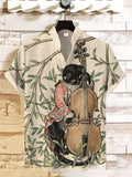 Men's Black Cat Playing Cello Elegant Botanical Art Print Linen Blend Shirt