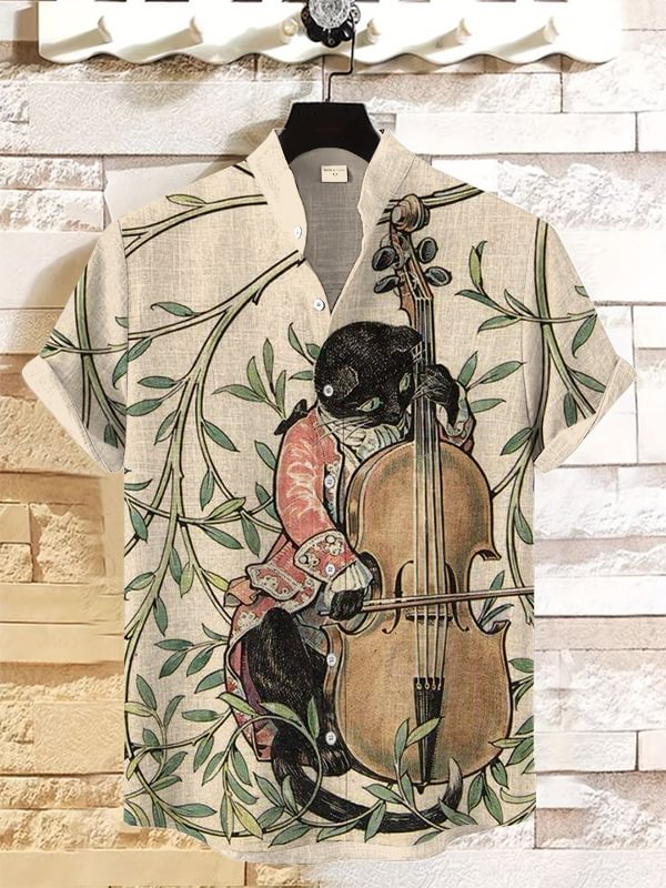 Men's Black Cat Playing Cello Elegant Botanical Art Print Linen Blend Shirt