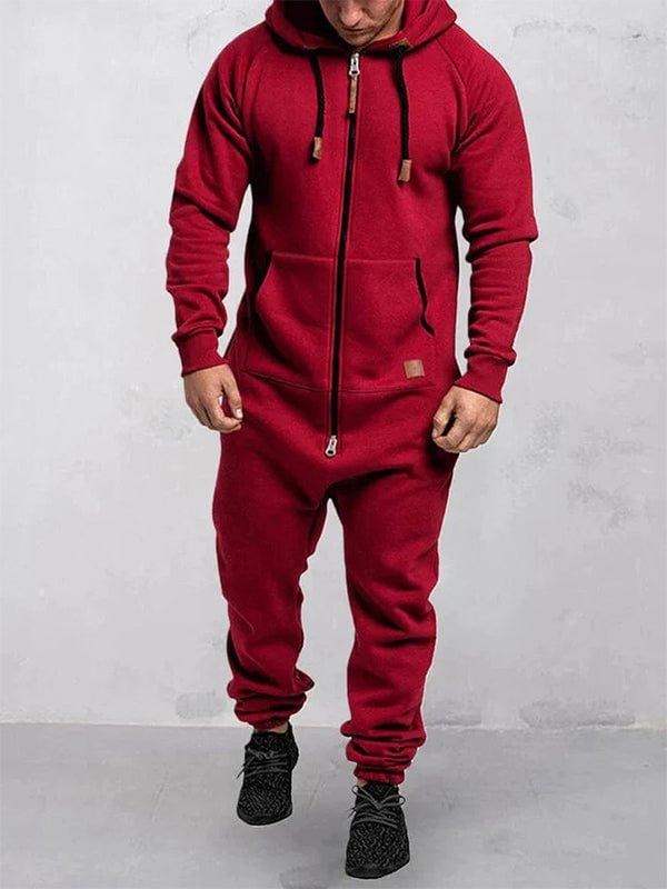 Men's Casual Solid Color Zipper Pocket Fleece Hooded Jumpsuit