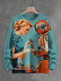 Men's Vintage Repairman Robot Print Knit Sweatshirt