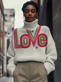 Women's Rainbow Love Print High Neck Knit Sweatshirt