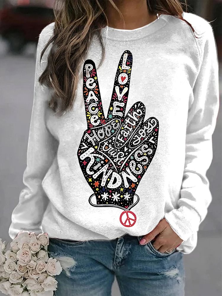 Women's Peace Love Hope Faith Joy Kindness Print Cotton Long Sleeve T-Shirt Thin Sweatshirt